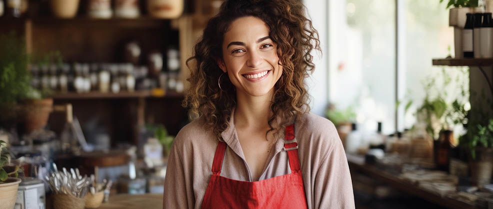 Money isn't the best thing we lend -  Girl wearing red apron in plant shop.